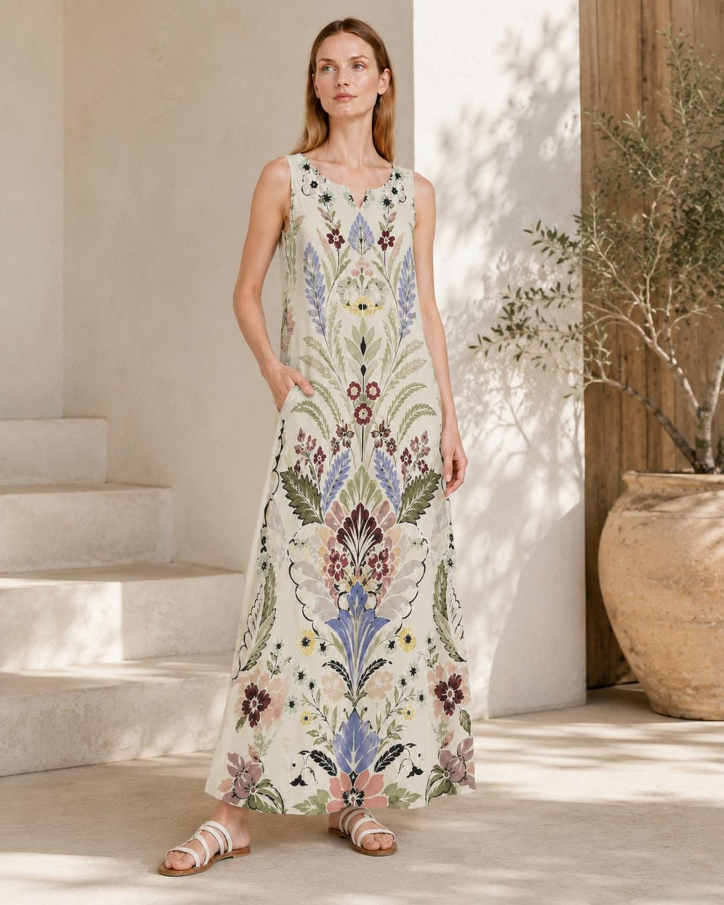 Ivory Floral Maxi Dress, Sleeveless Folk Print Dress with Pockets, Boho Botanical Style