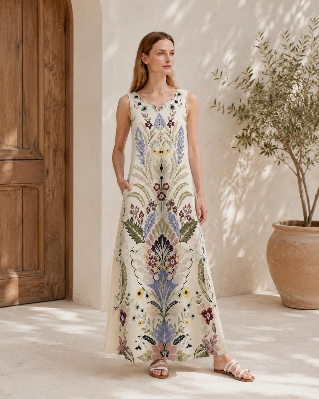 Ivory Floral Maxi Dress, Sleeveless Folk Print Dress with Pockets, Boho Botanical Style