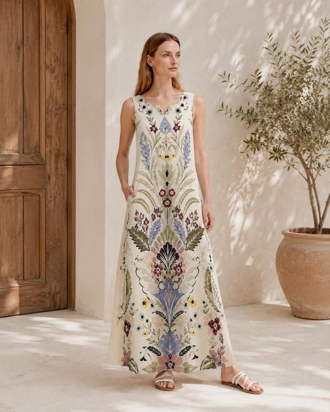 Ivory Floral Maxi Dress, Sleeveless Folk Print Dress with Pockets, Boho Botanical Style