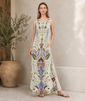 Ivory Floral Maxi Dress, Sleeveless Folk Print Dress with Pockets, Boho Botanical Style