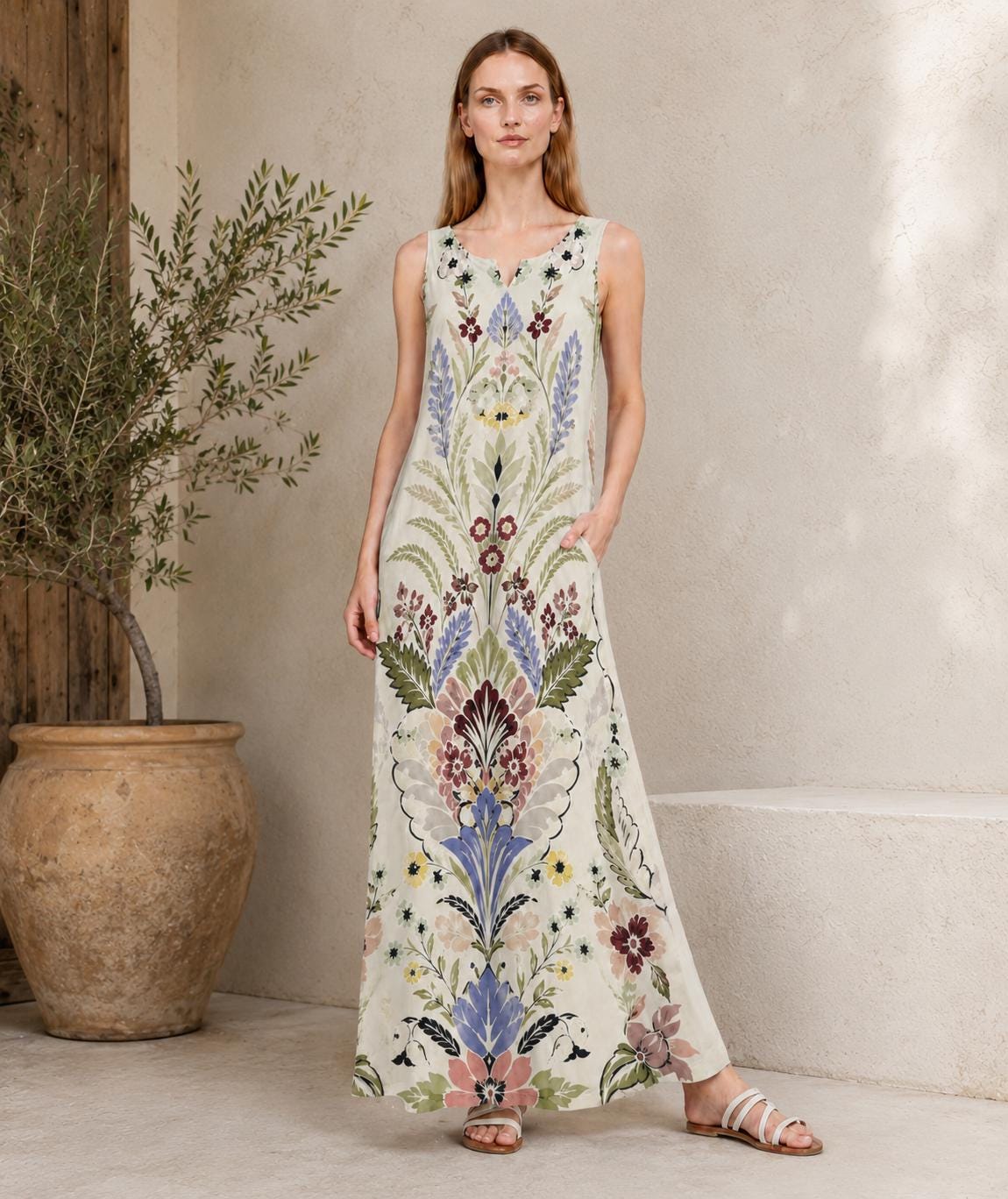 Ivory Floral Maxi Dress, Sleeveless Folk Print Dress with Pockets, Boho Botanical Style