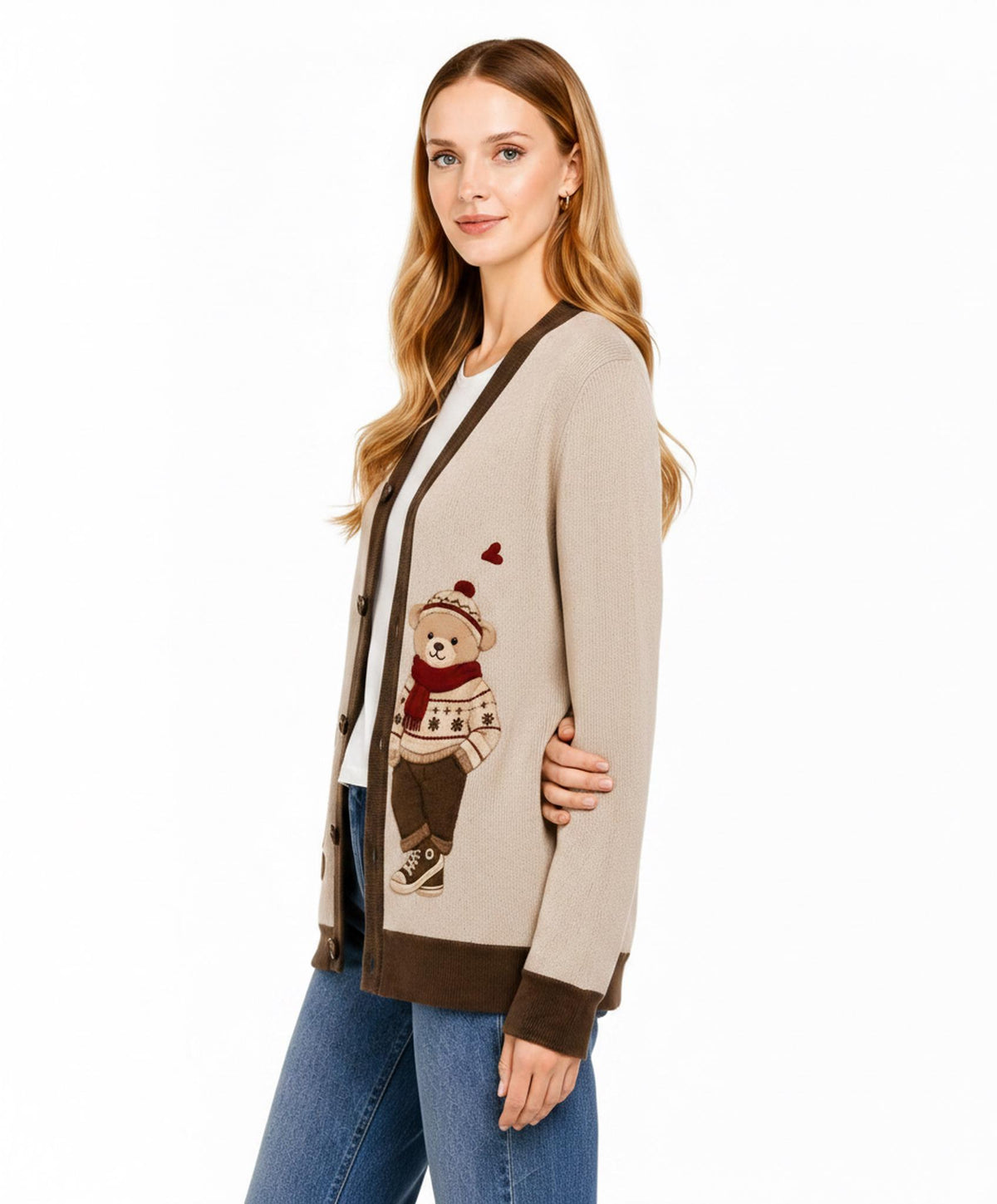 Teddy Bear Cardigan, Beige Knit Sweater with Bear Graphic, Cozy Button Front Style