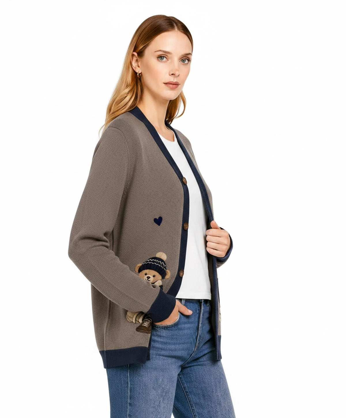 Teddy Bear Cardigan, Beige Knit Sweater with Bear Graphic, Cozy Button Front Style