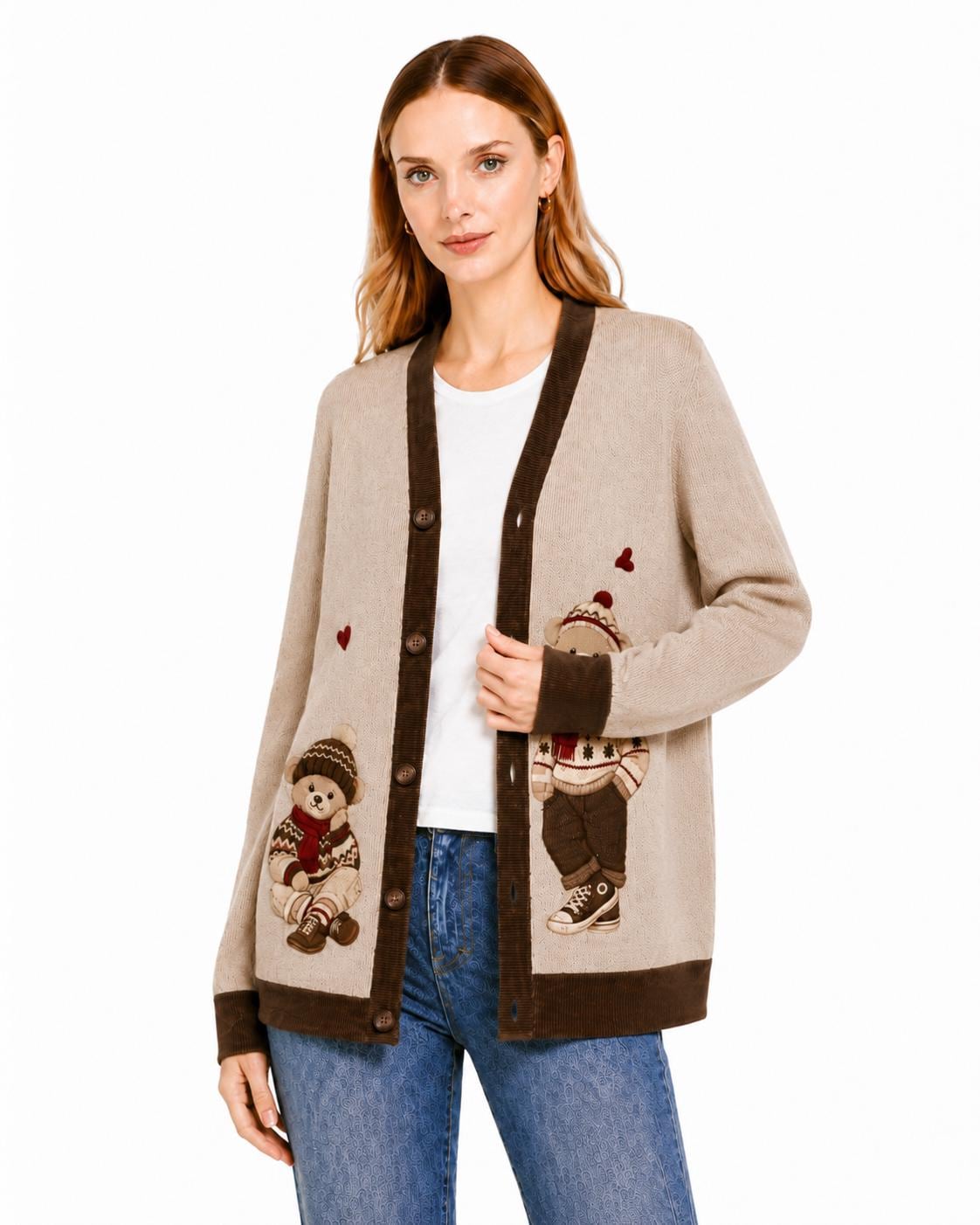 Teddy Bear Cardigan, Beige Knit Sweater with Bear Graphic, Cozy Button Front Style