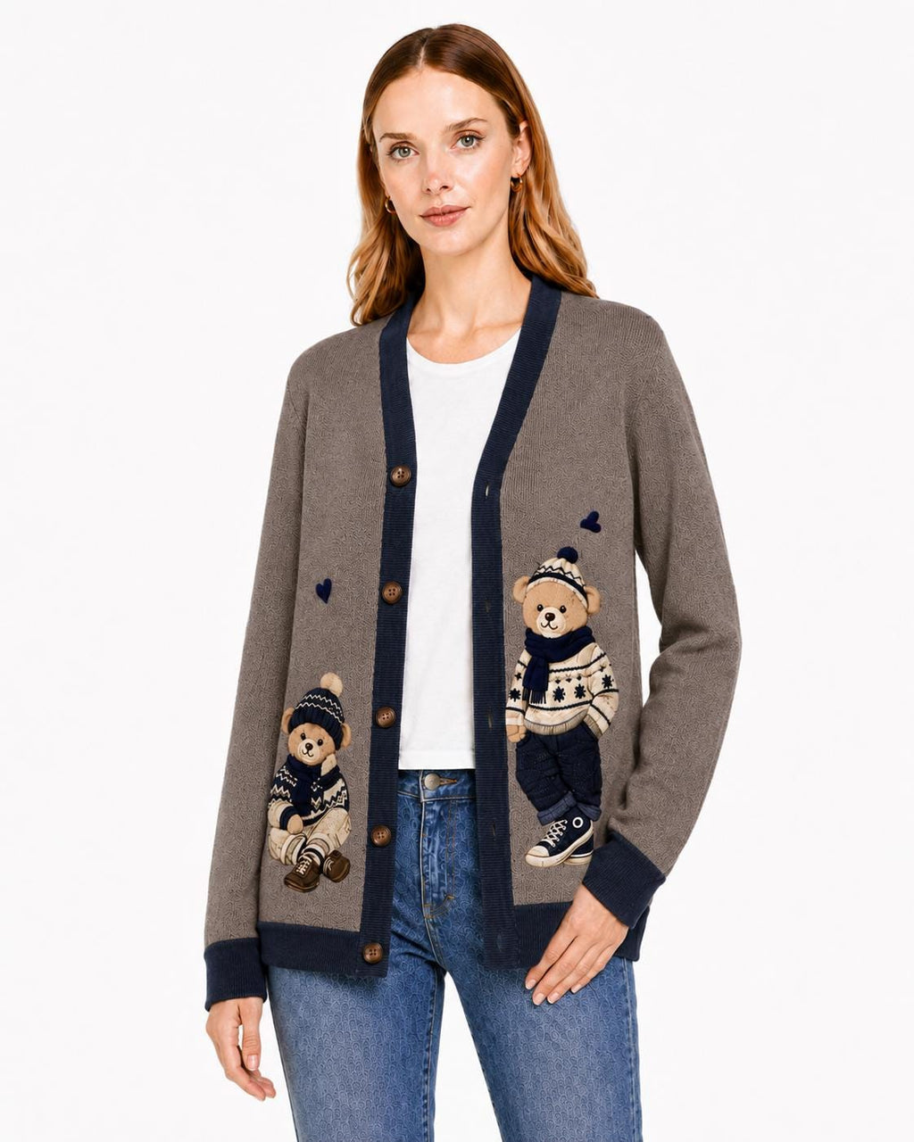 Teddy Bear Cardigan, Beige Knit Sweater with Bear Graphic, Cozy Button Front Style