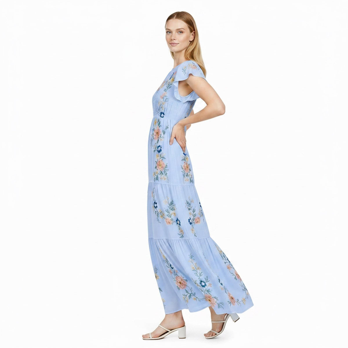 Sage Green Maxi Dress, Floral Tiered Dress with Flutter Sleeves, Romantic Garden Party Style