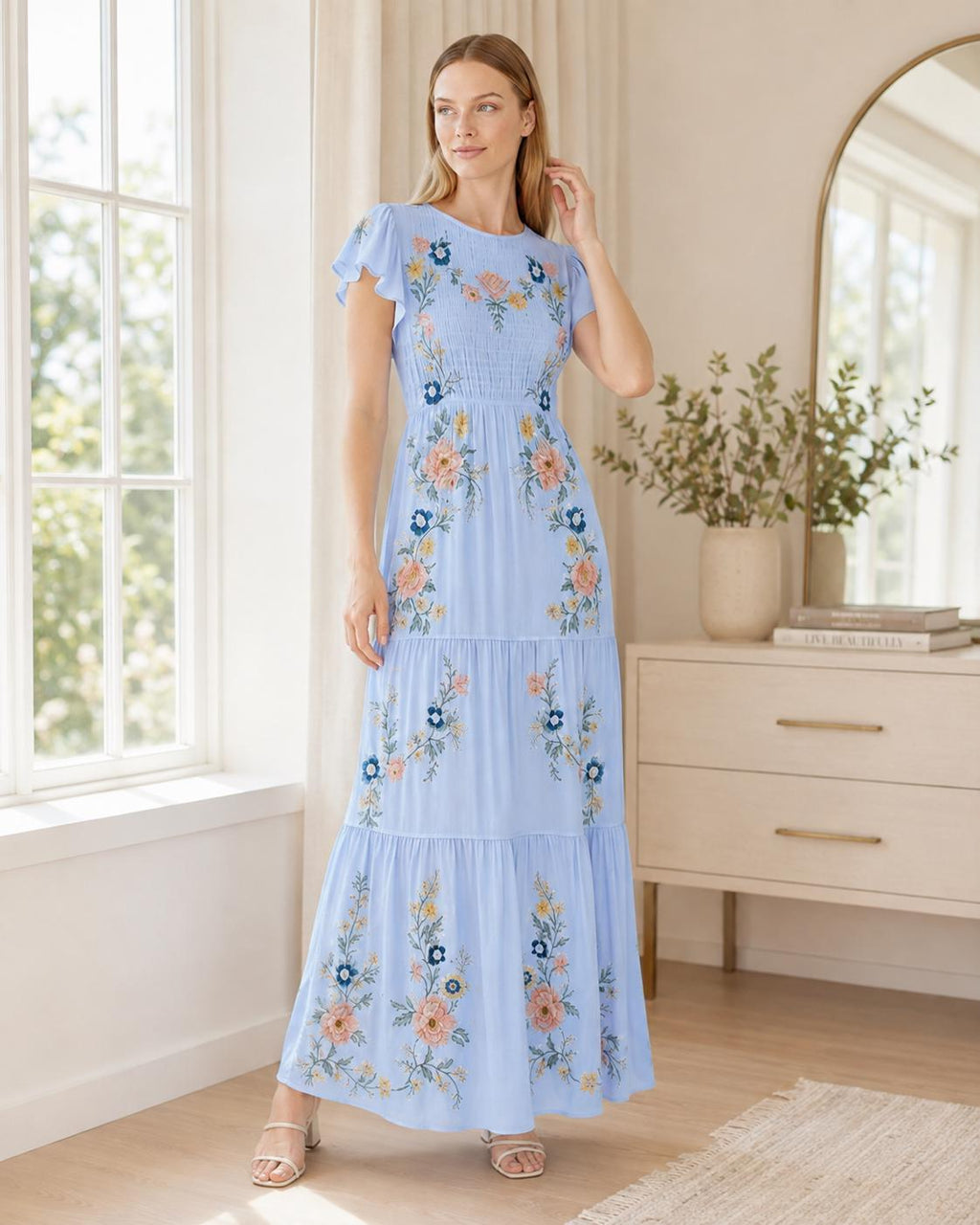 Sage Green Maxi Dress, Floral Tiered Dress with Flutter Sleeves, Romantic Garden Party Style