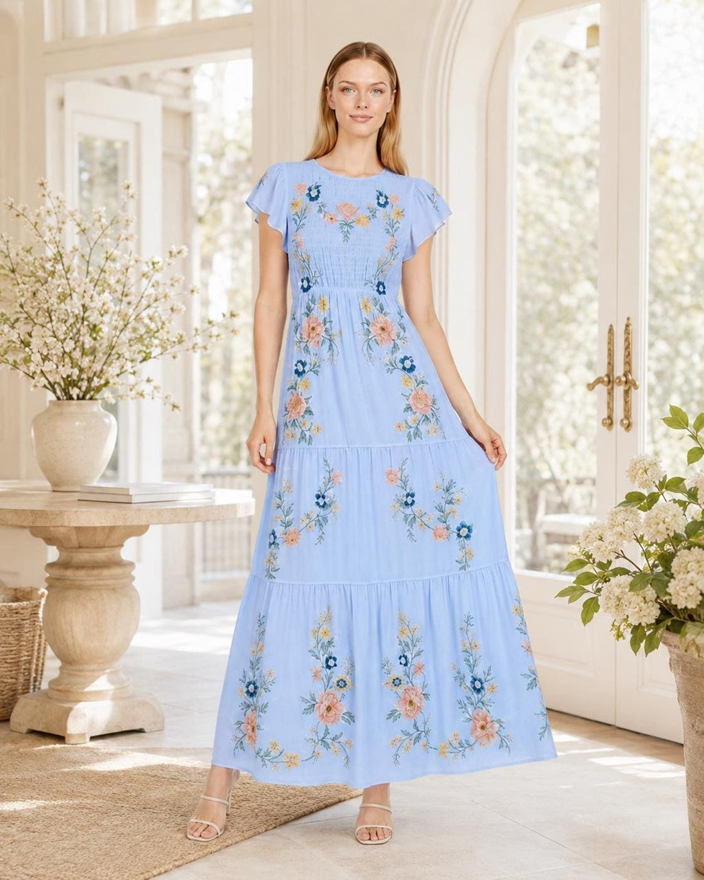 Sage Green Maxi Dress, Floral Tiered Dress with Flutter Sleeves, Romantic Garden Party Style