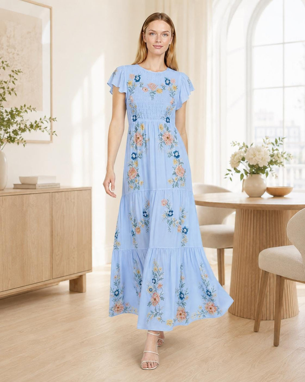 Sage Green Maxi Dress, Floral Tiered Dress with Flutter Sleeves, Romantic Garden Party Style