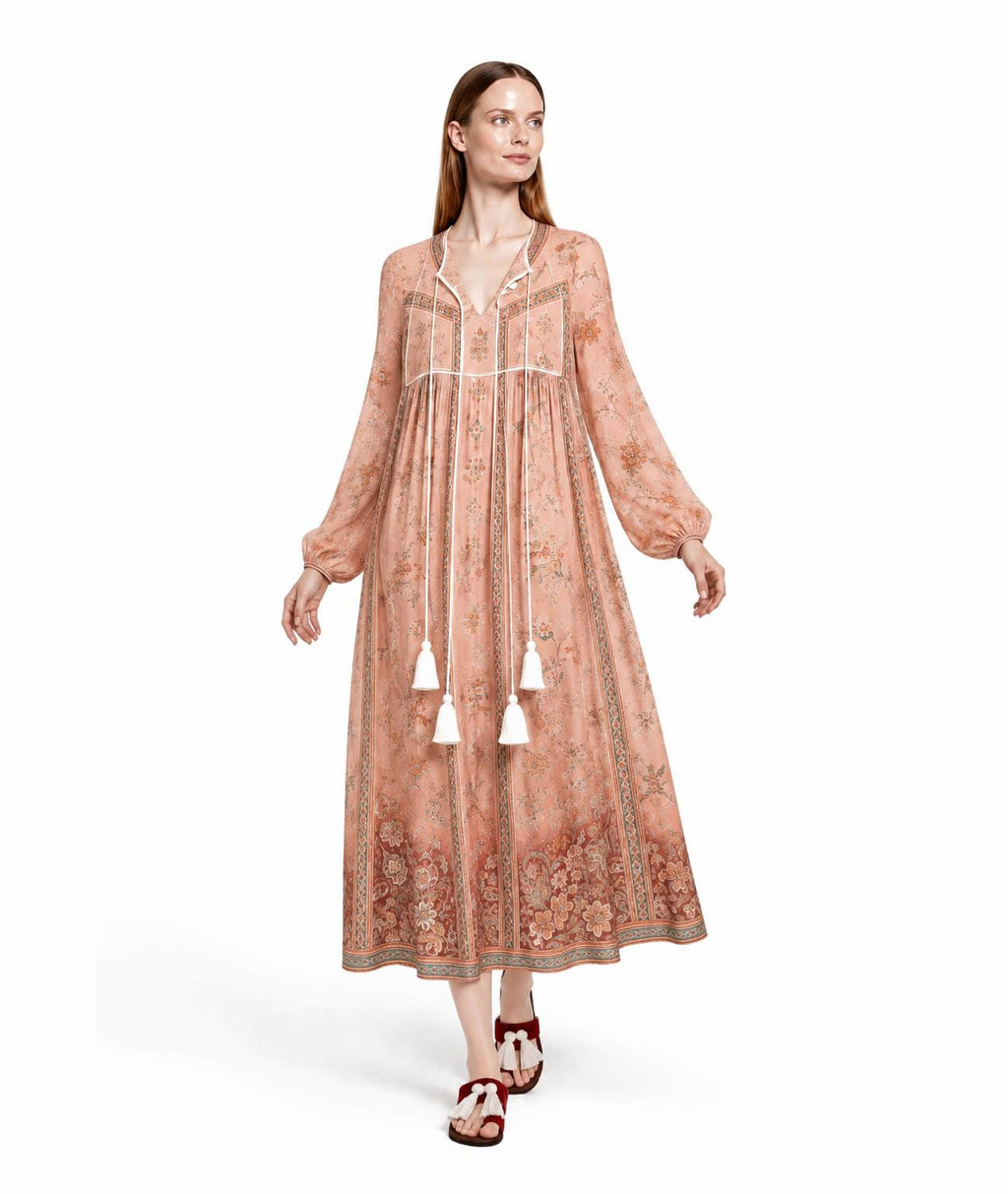 Peach Floral Maxi Dress with Long Sleeves, V-Neck and Border Print