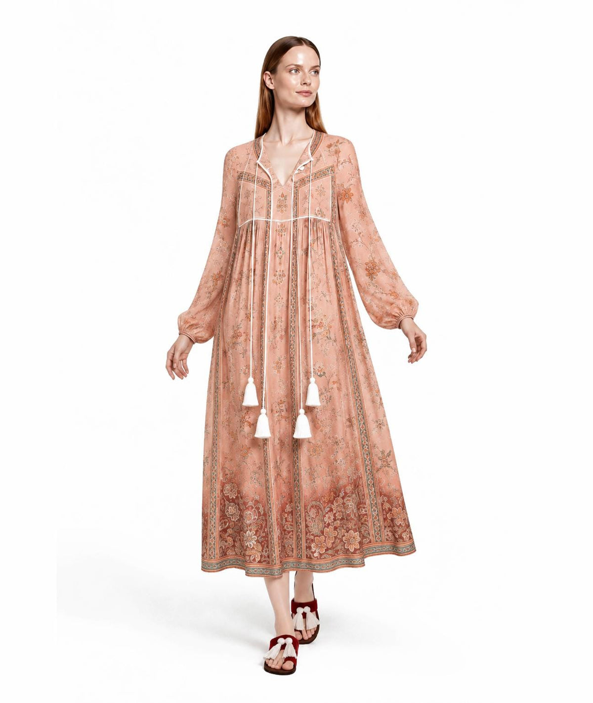 Peach Floral Maxi Dress with Long Sleeves, V-Neck and Border Print