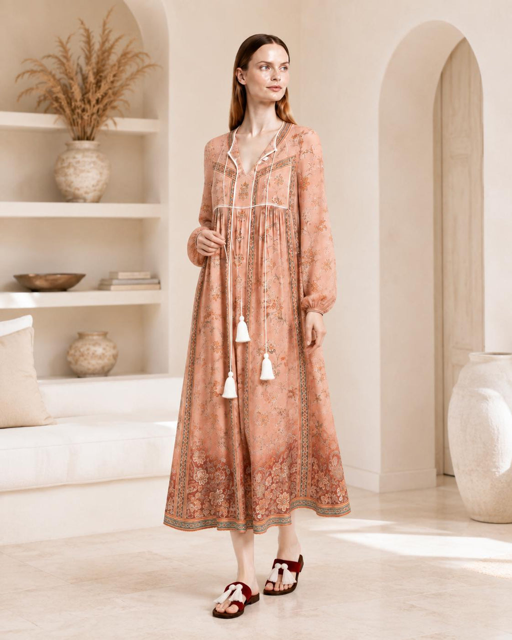 Peach Floral Maxi Dress with Long Sleeves, V-Neck and Border Print