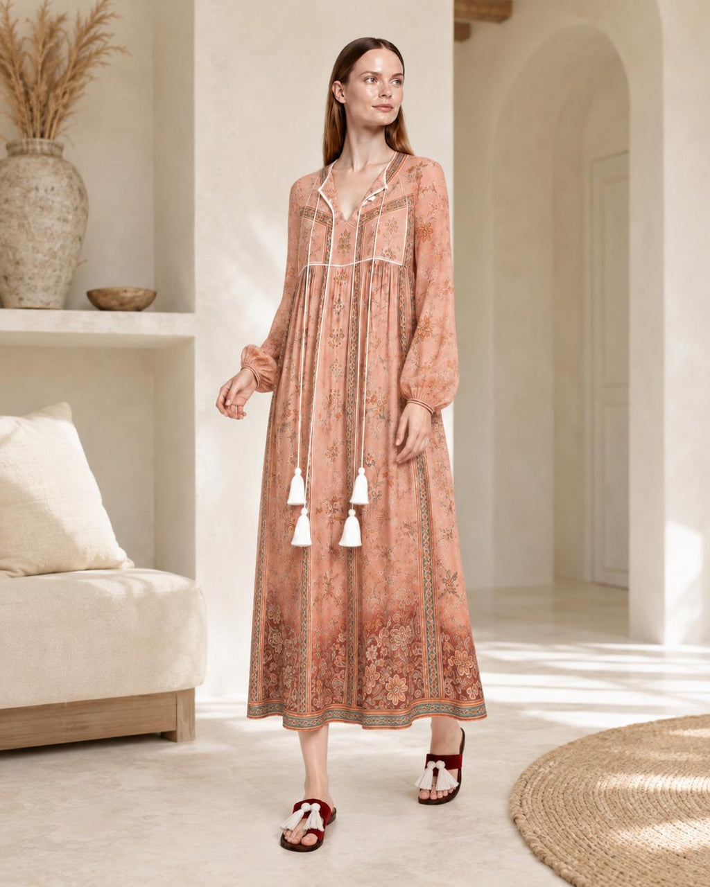 Peach Floral Maxi Dress with Long Sleeves, V-Neck and Border Print