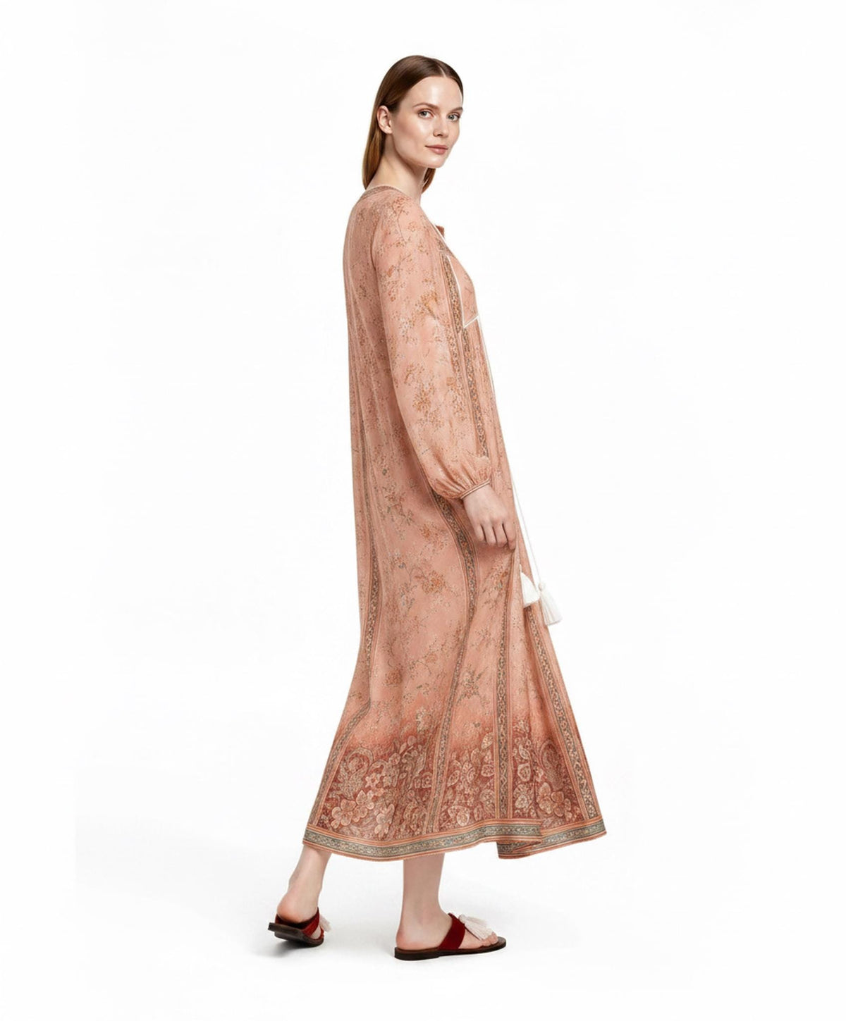 Peach Floral Maxi Dress with Long Sleeves, V-Neck and Border Print