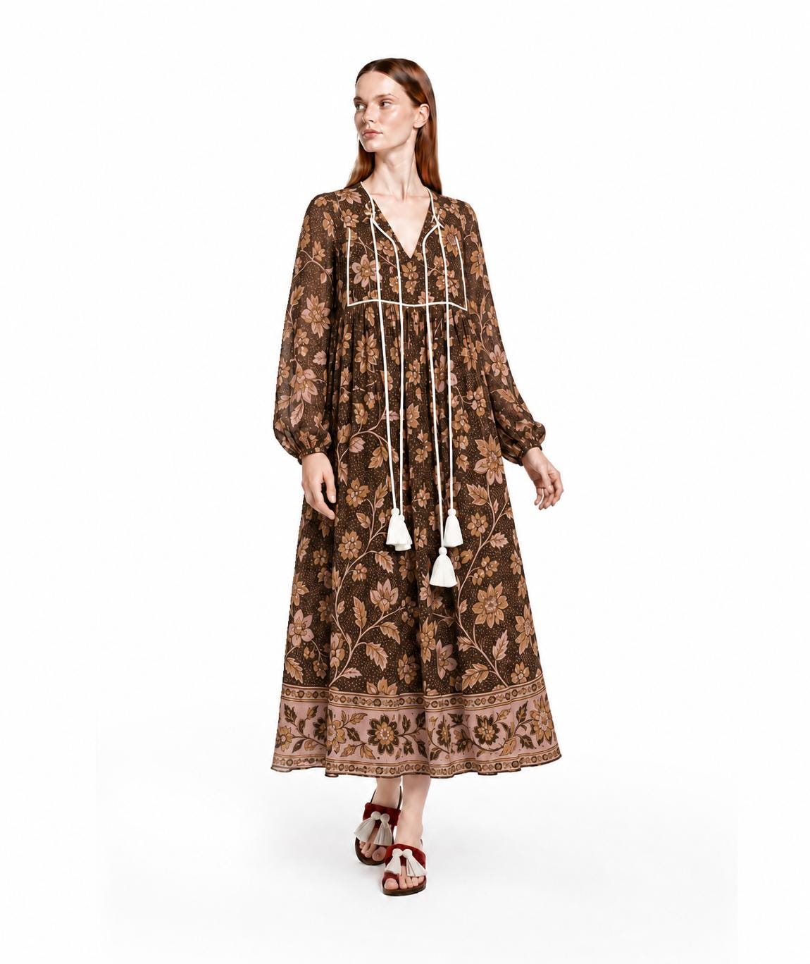 Floral Midi Dress in Dark Teal with Long Sleeves, Tassel Ties and Border Print