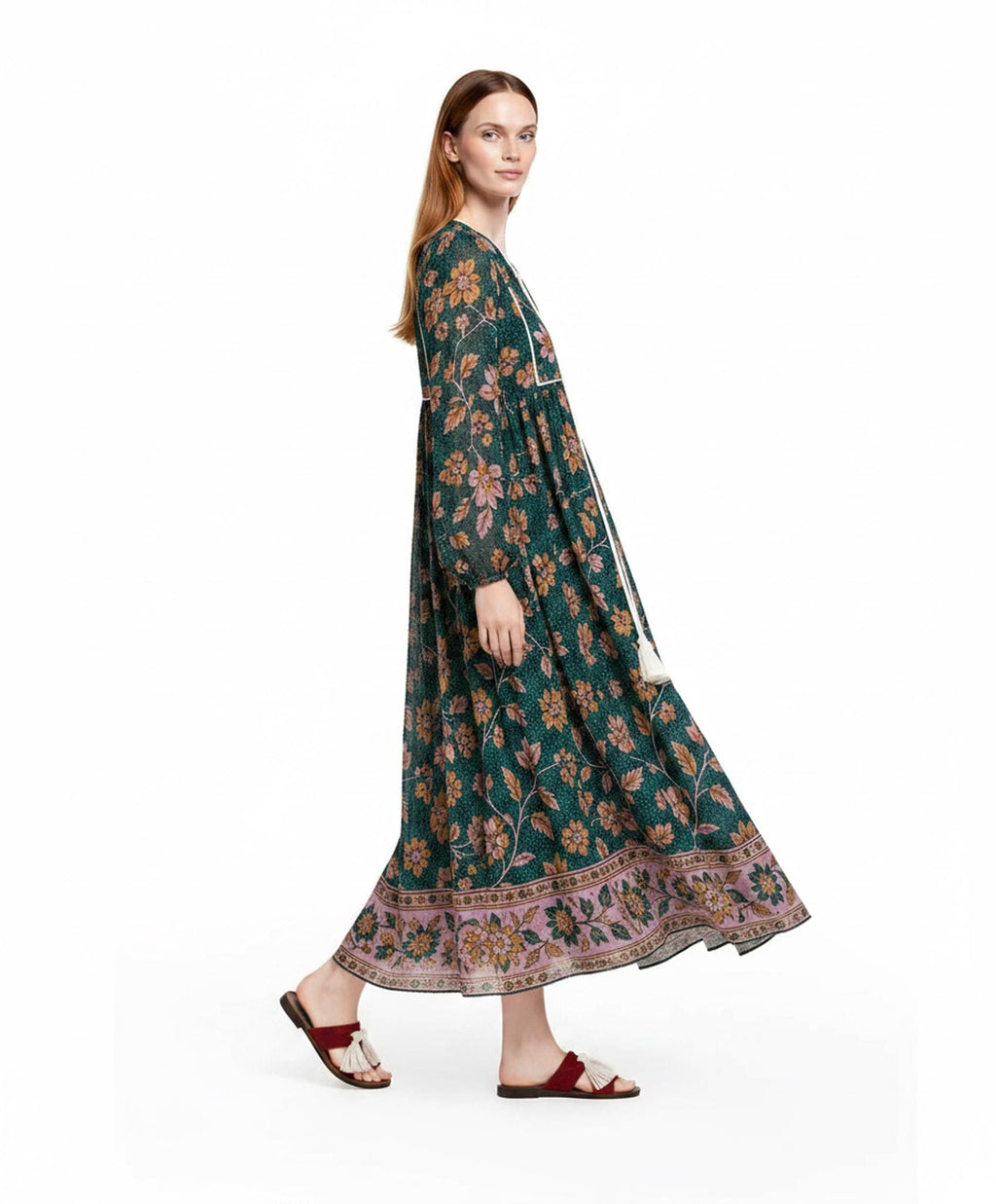 Floral Midi Dress in Dark Teal with Long Sleeves, Tassel Ties and Border Print