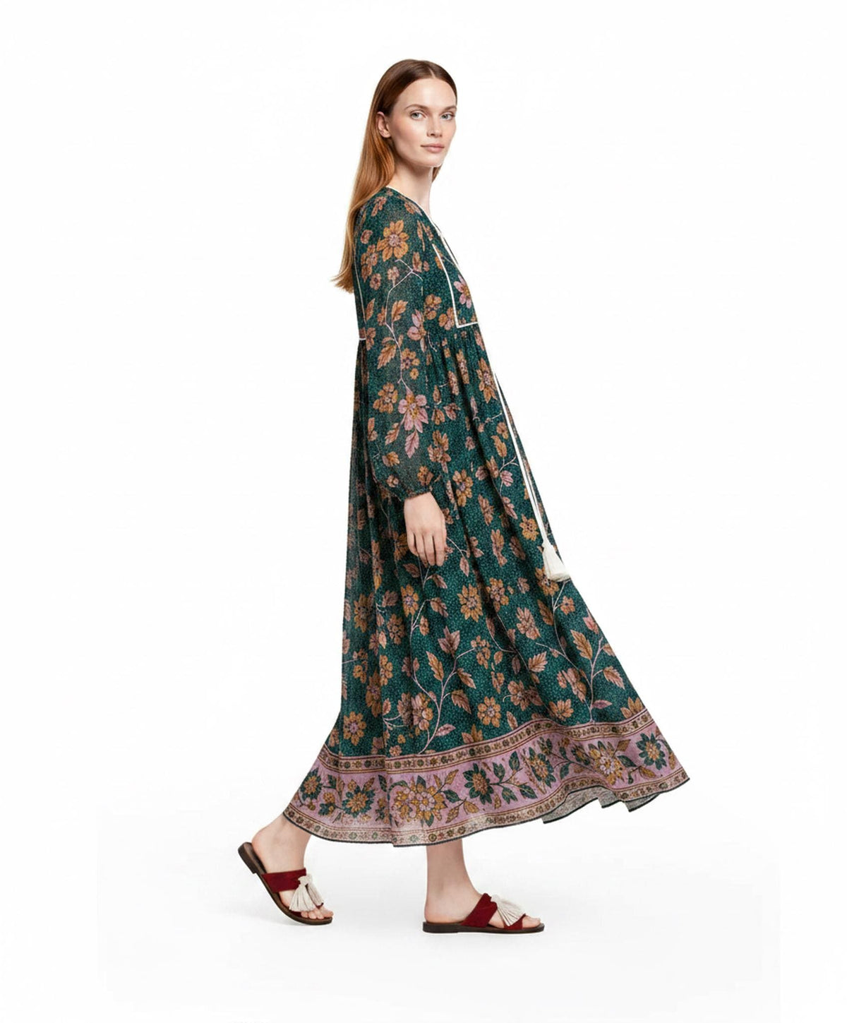 Floral Midi Dress in Dark Teal with Long Sleeves, Tassel Ties and Border Print