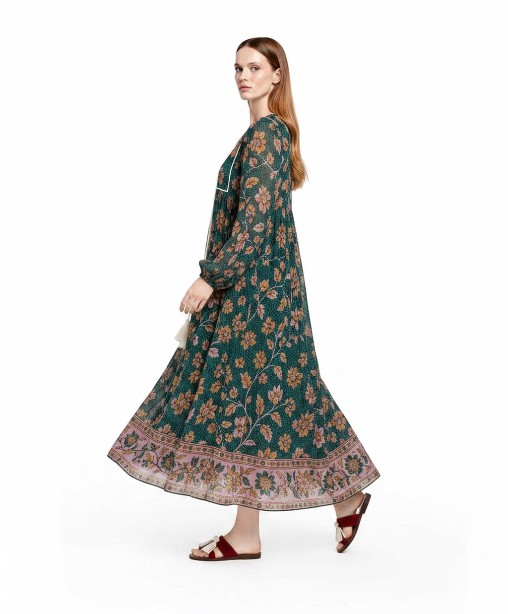 Floral Midi Dress in Dark Teal with Long Sleeves, Tassel Ties and Border Print