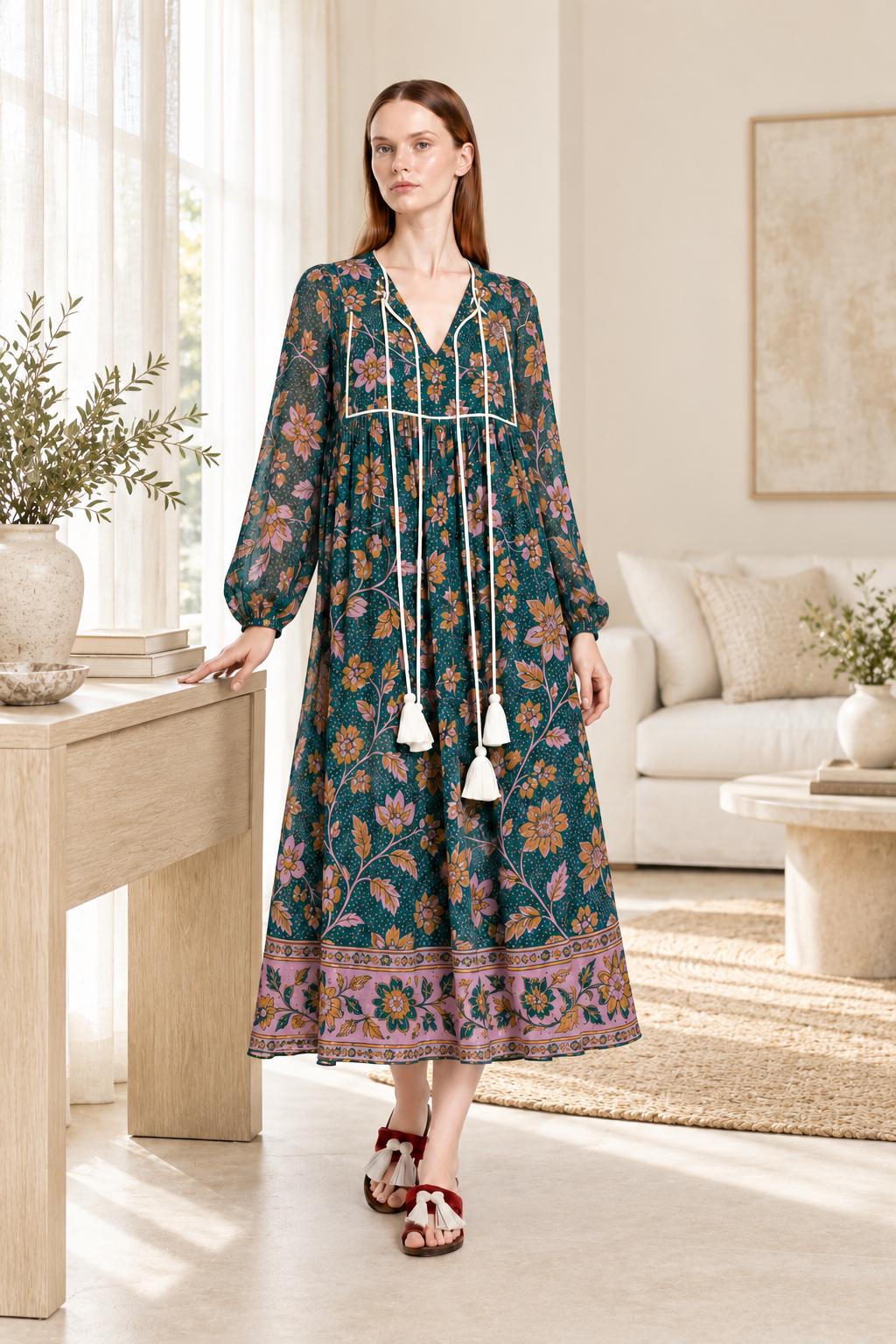 Floral Midi Dress in Dark Teal with Long Sleeves, Tassel Ties and Border Print