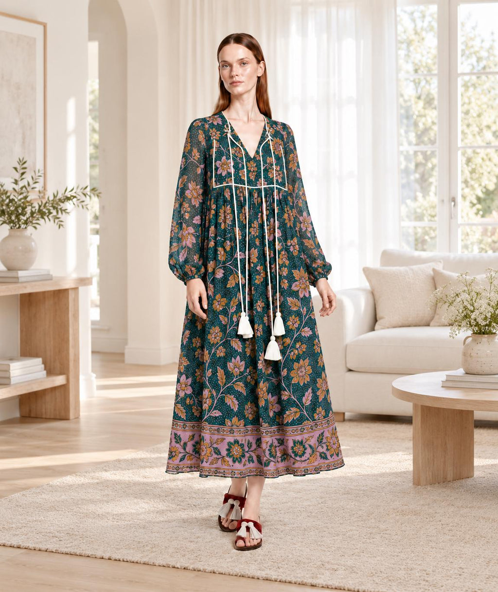 Floral Midi Dress in Dark Teal with Long Sleeves, Tassel Ties and Border Print