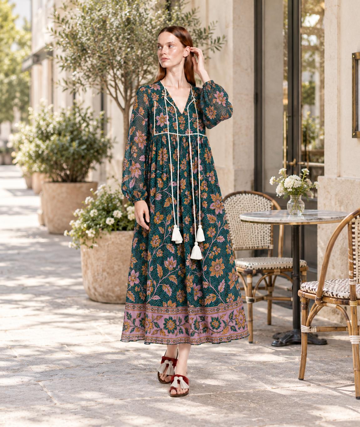 Floral Midi Dress in Dark Teal with Long Sleeves, Tassel Ties and Border Print