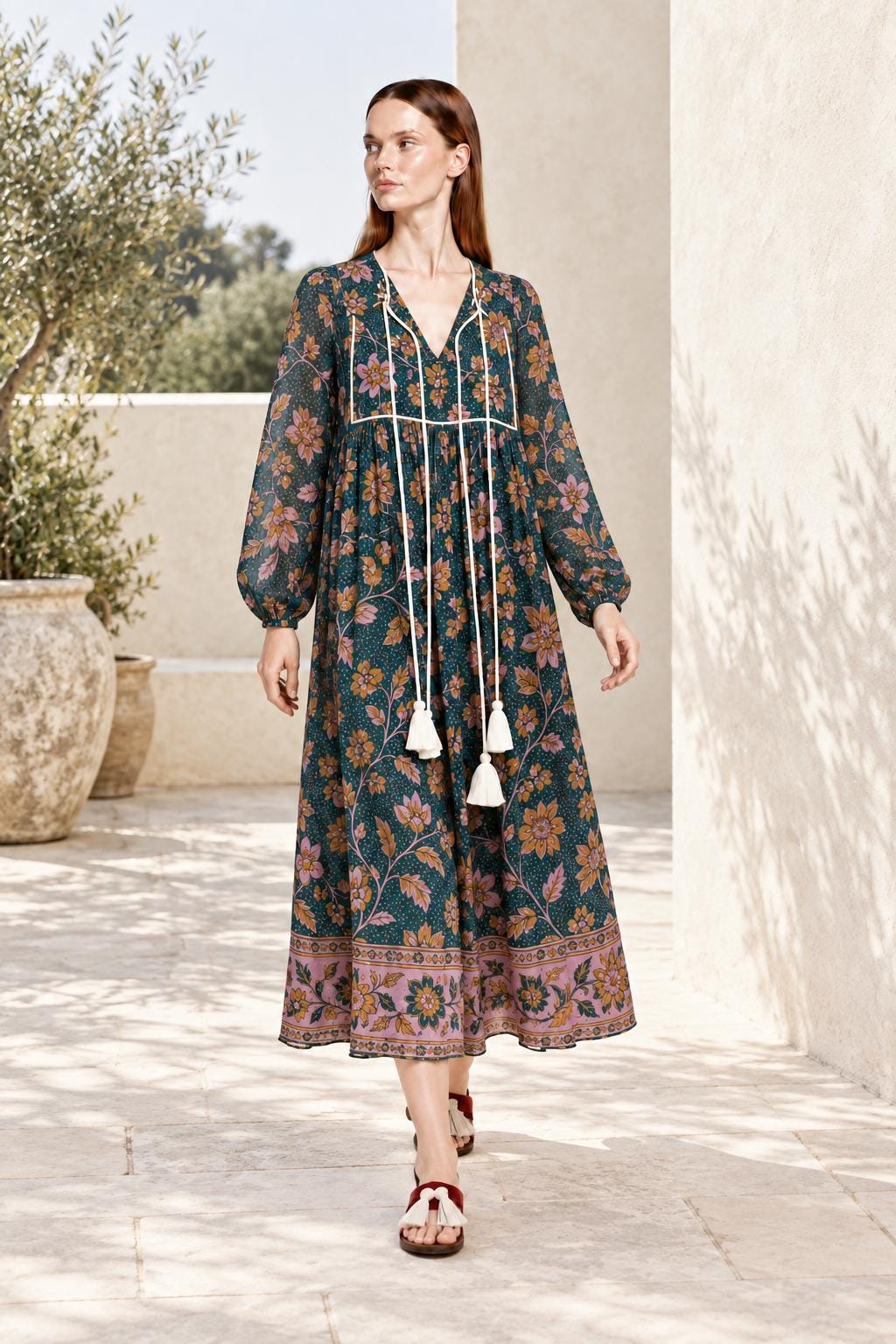 Floral Midi Dress in Dark Teal with Long Sleeves, Tassel Ties and Border Print