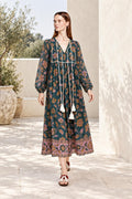 Floral Midi Dress in Dark Teal with Long Sleeves, Tassel Ties and Border Print