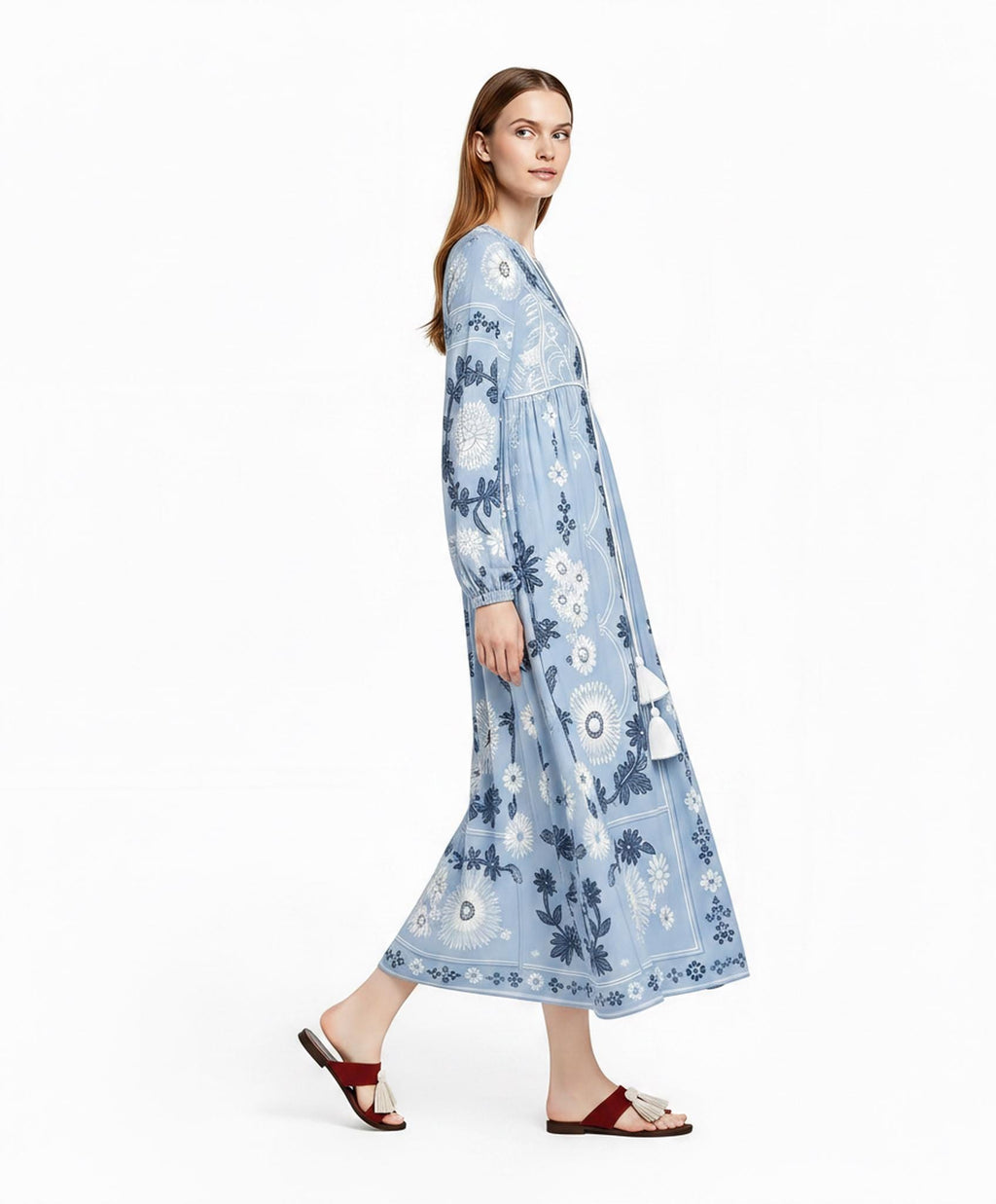 Light Blue Floral Chiffon Maxi Dress, Long Sleeve Tassel Tie Resort Wear