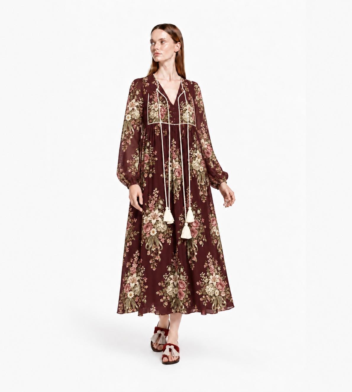 Black Floral Maxi Dress with Long Sleeves, Tassel Ties and Contrast Piping
