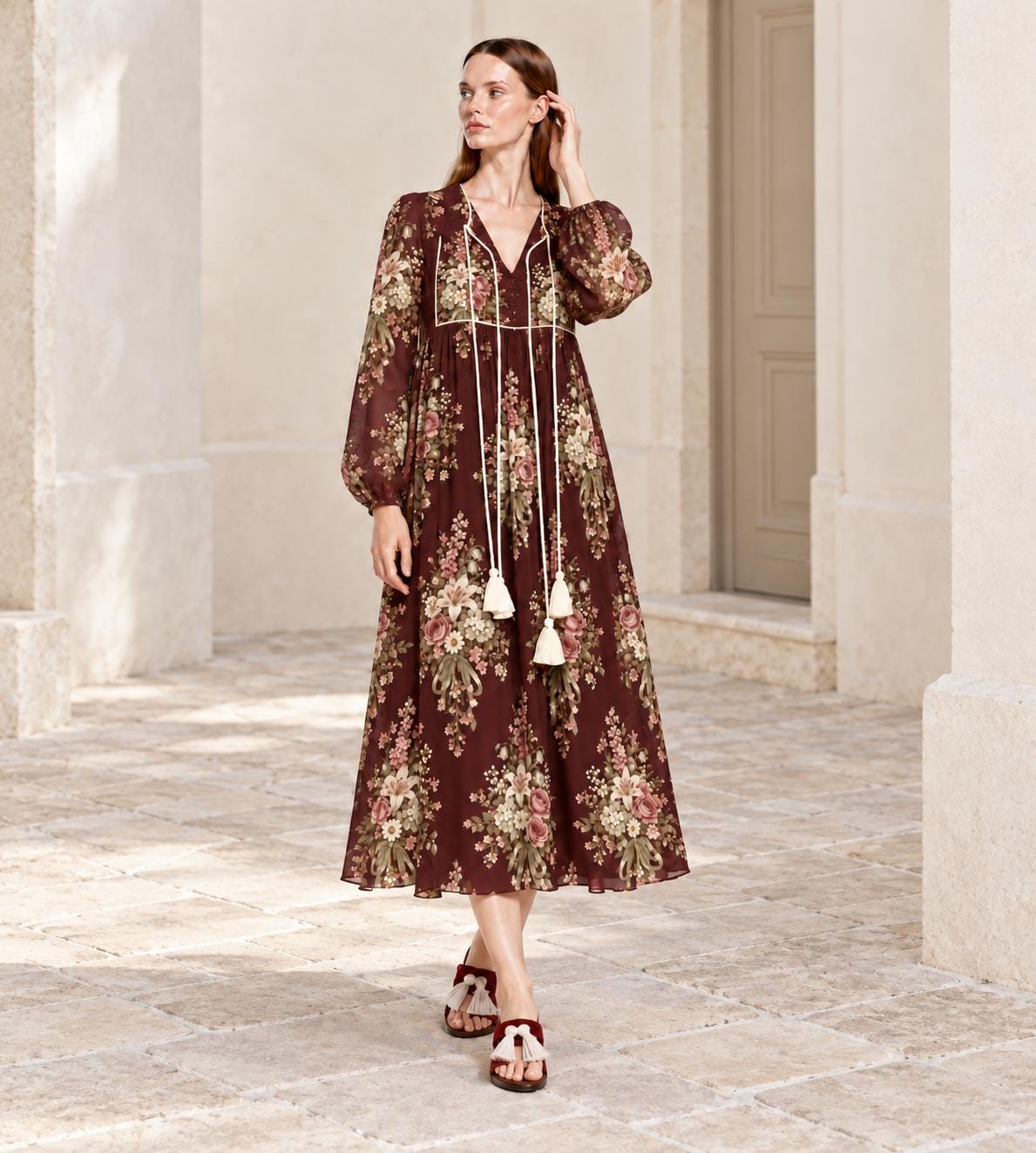 Black Floral Maxi Dress with Long Sleeves, Tassel Ties and Contrast Piping