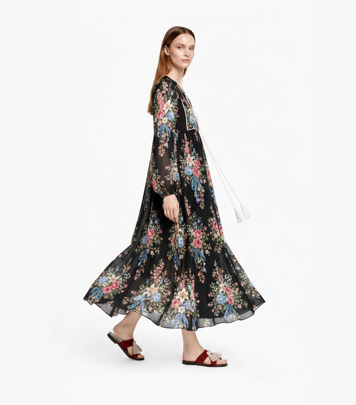 Black Floral Maxi Dress with Long Sleeves, Tassel Ties and Contrast Piping