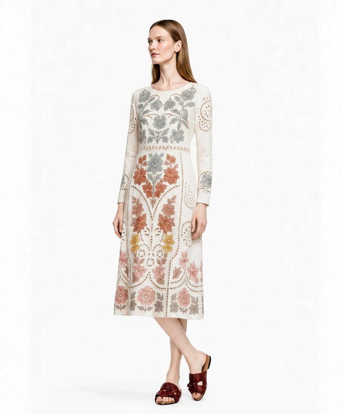 Ivory Floral Midi Dress with Eyelet-Inspired Print, Long Sleeves and Pockets