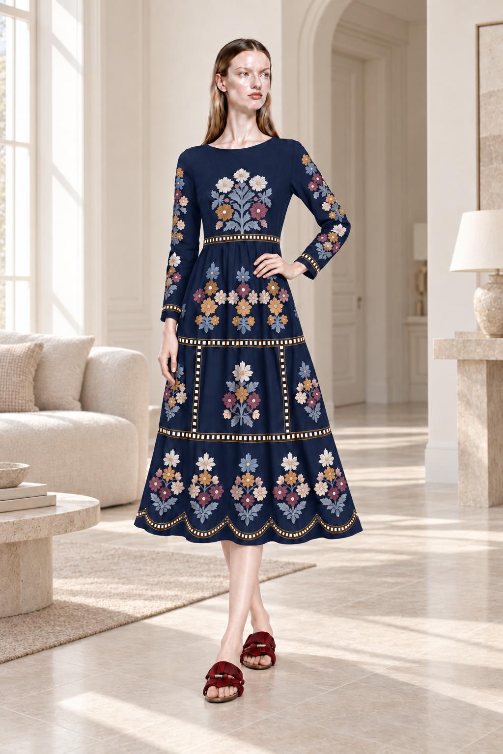 Navy Floral Midi Dress with Embroidery-Look Print, Long Sleeves and Scalloped Hem