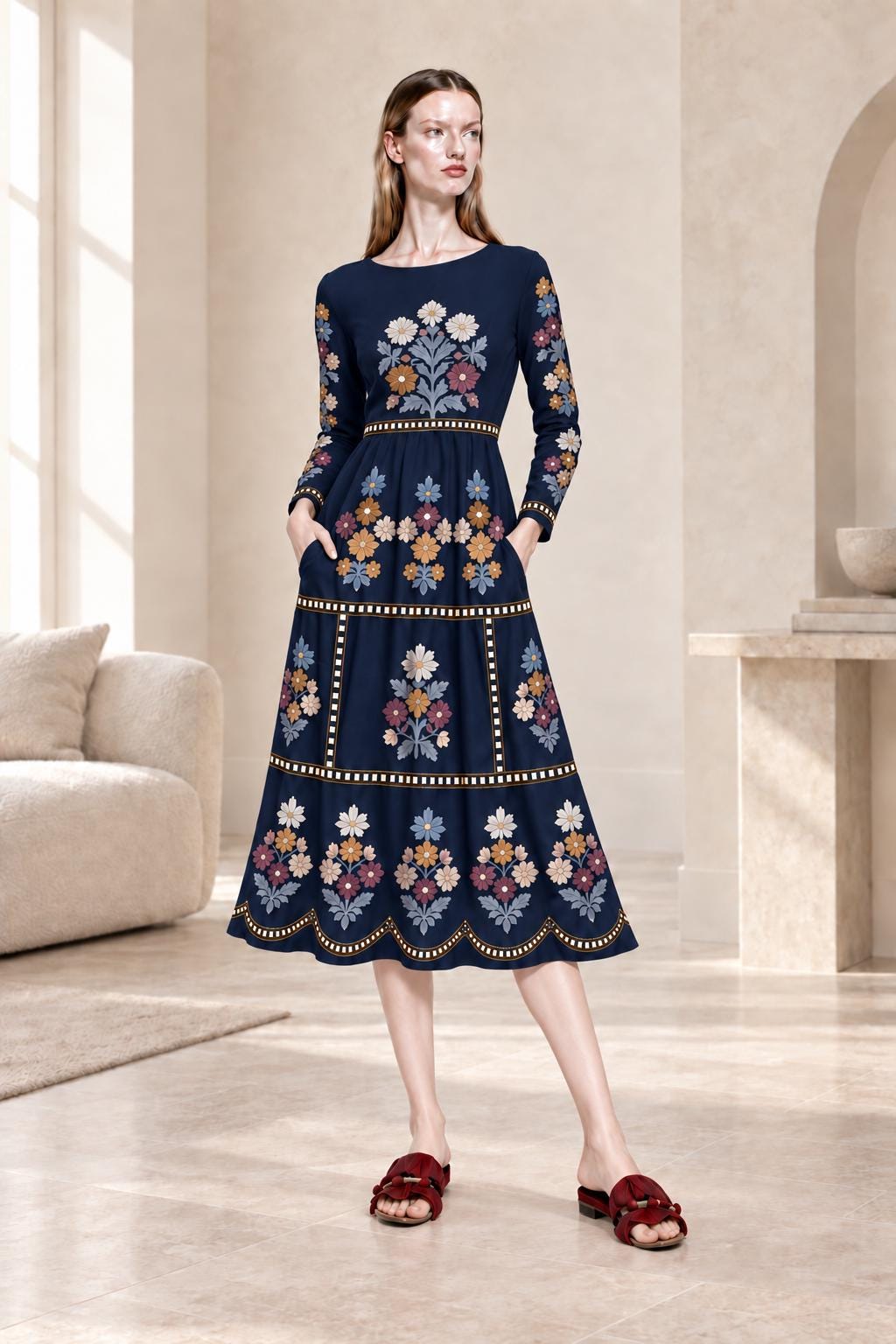 Navy Floral Midi Dress with Embroidery-Look Print, Long Sleeves and Scalloped Hem
