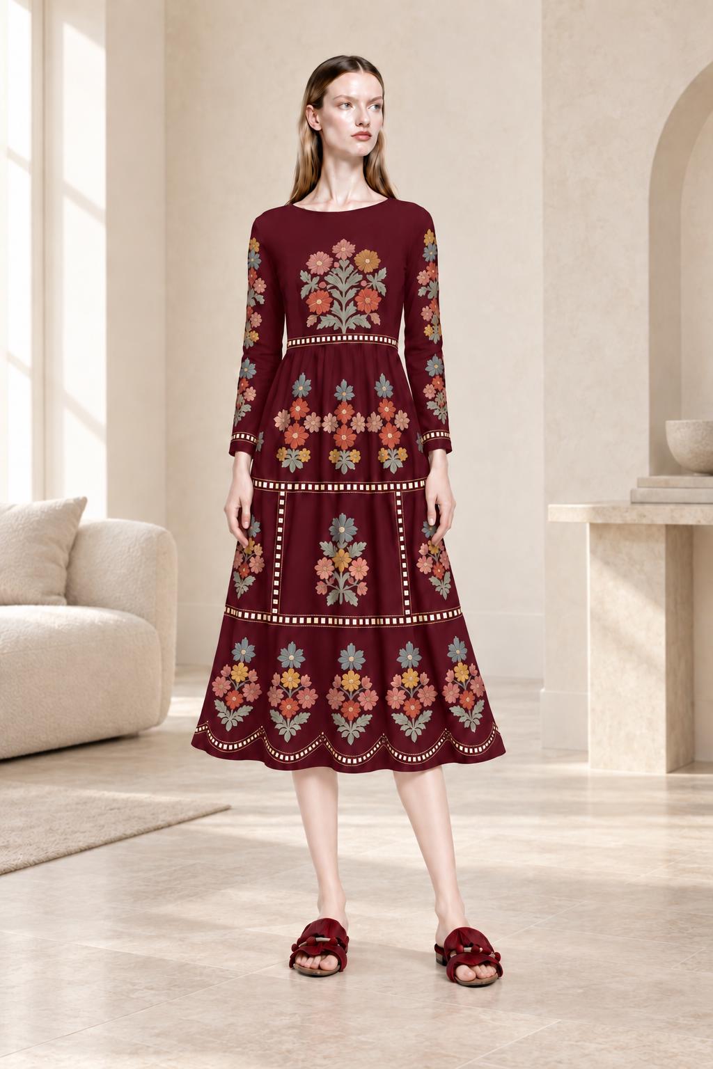 Navy Floral Midi Dress with Embroidery-Look Print, Long Sleeves and Scalloped Hem