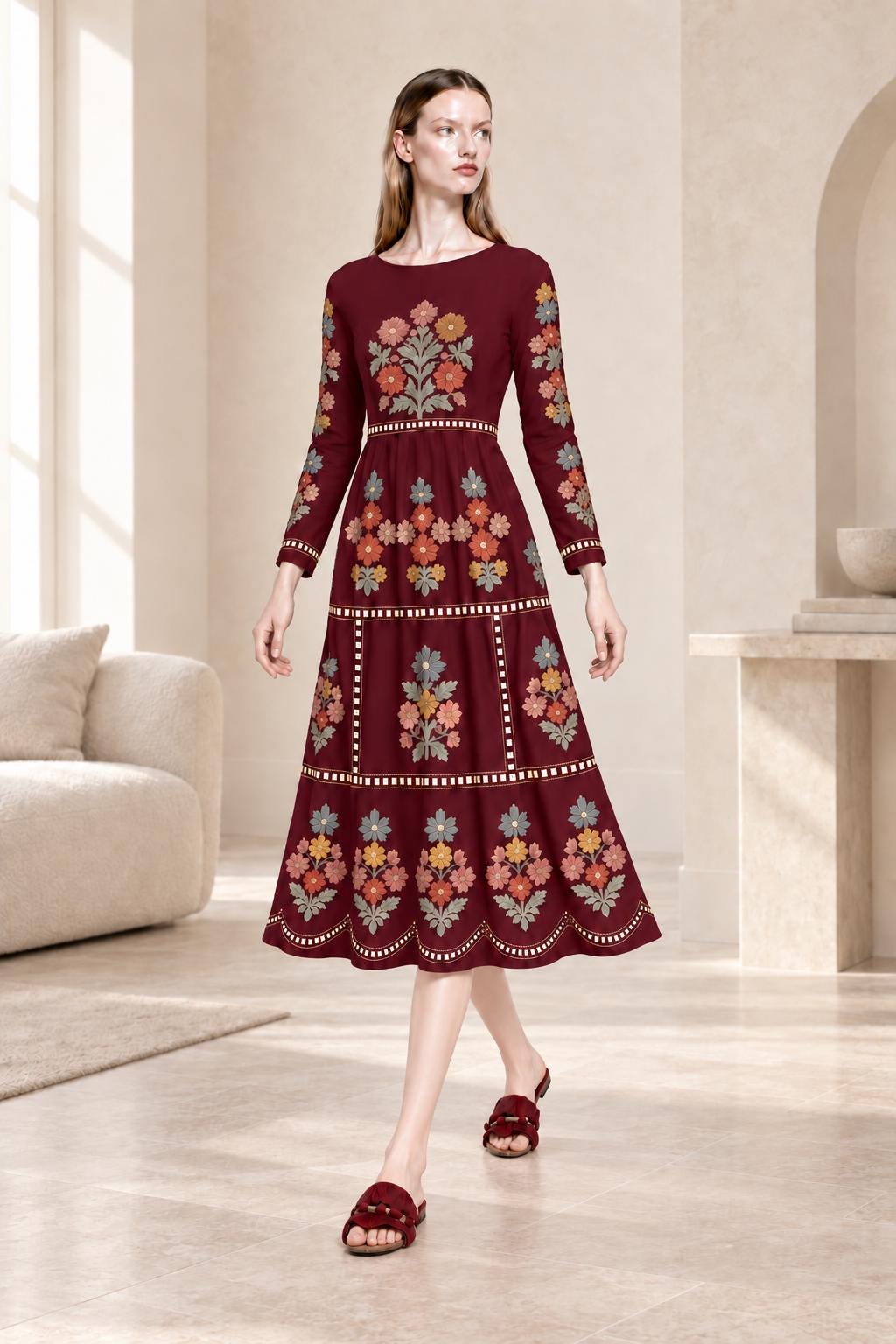 Navy Floral Midi Dress with Embroidery-Look Print, Long Sleeves and Scalloped Hem