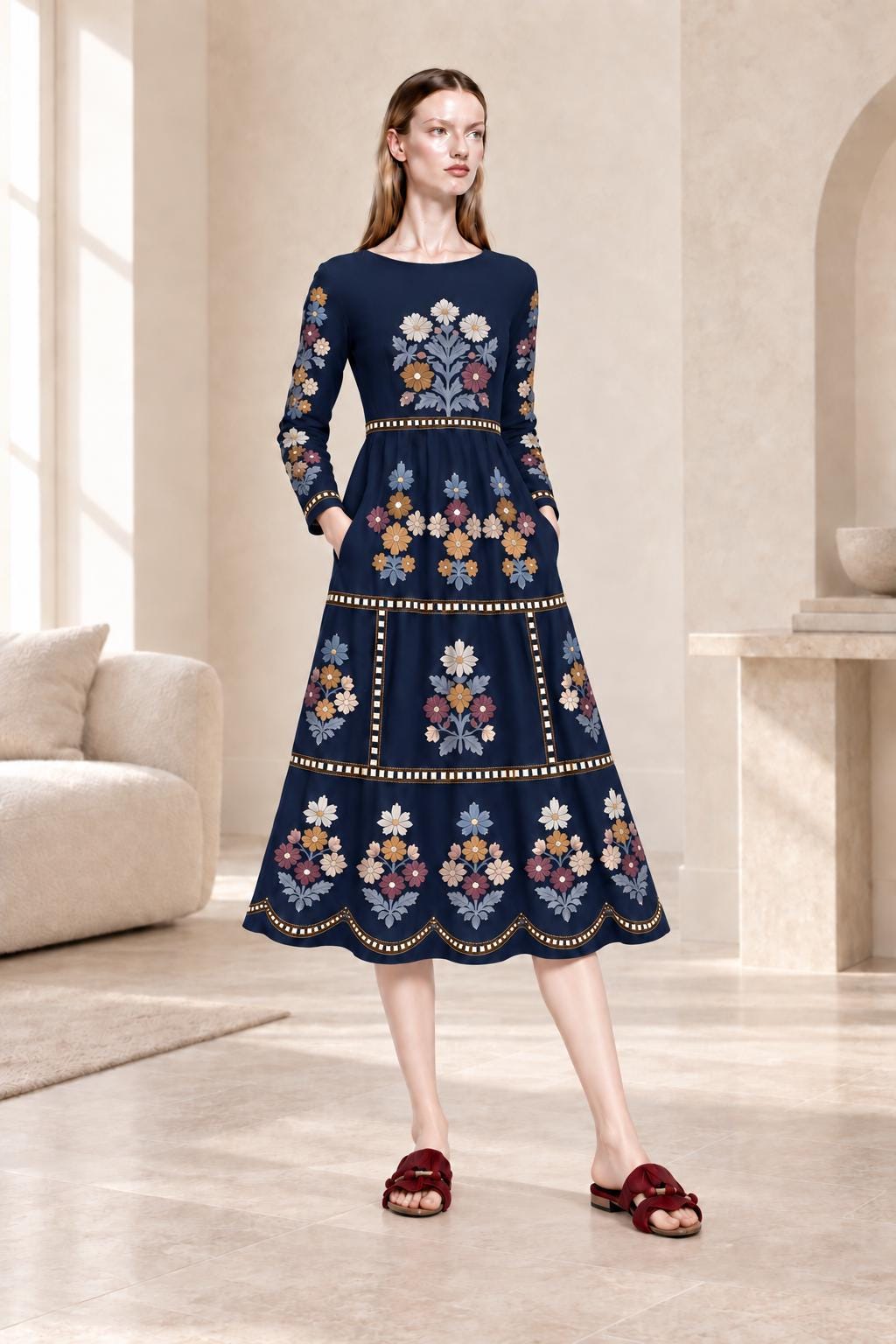 Navy Floral Midi Dress with Embroidery-Look Print, Long Sleeves and Scalloped Hem