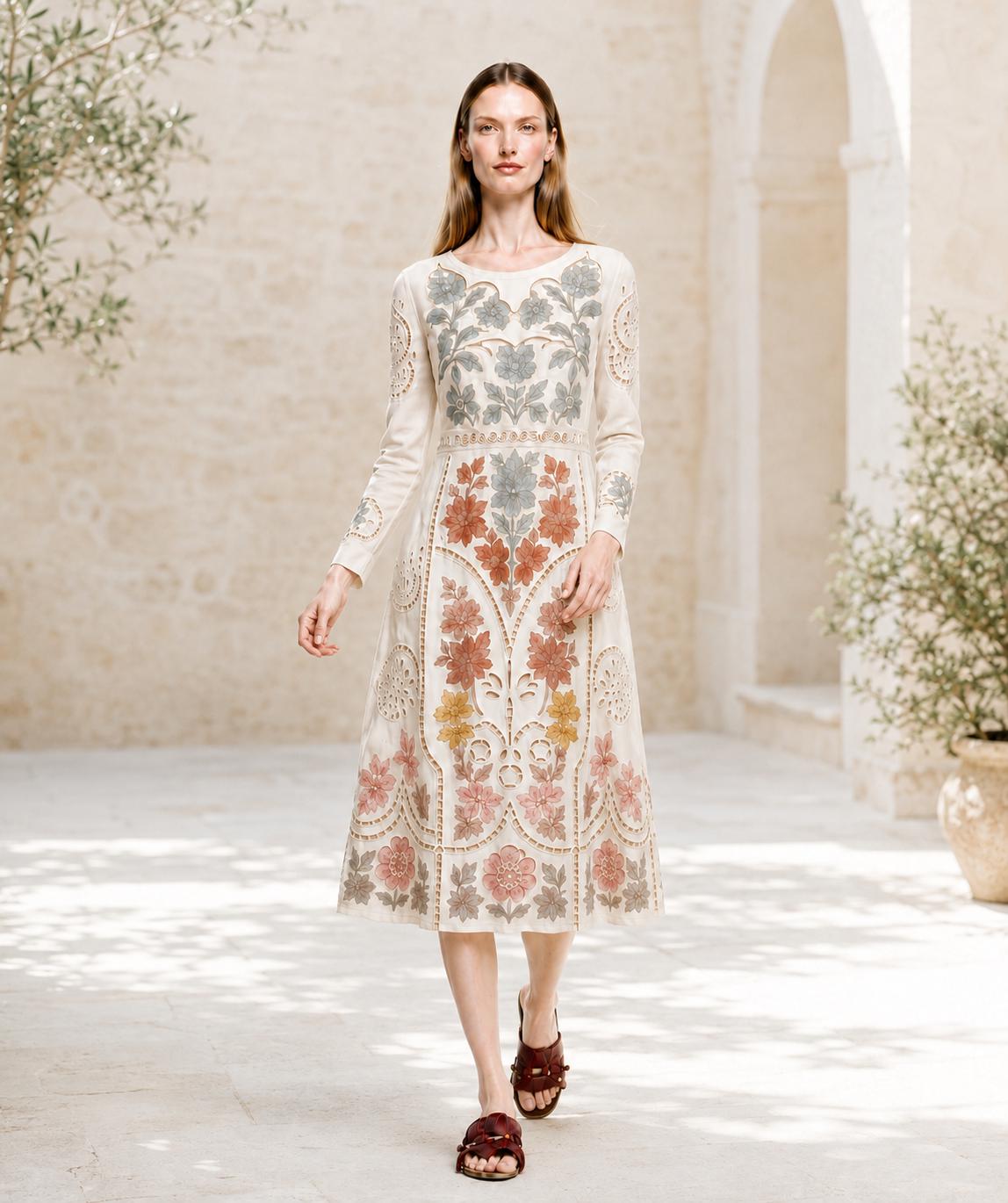 May include: A cream-colored midi dress featuring long sleeves, a round neckline, and intricate floral embroidery in shades of sage green, burnt orange, yellow, and dusty pink, accented with delicate cut-out eyelet detailing throughout the fabric.