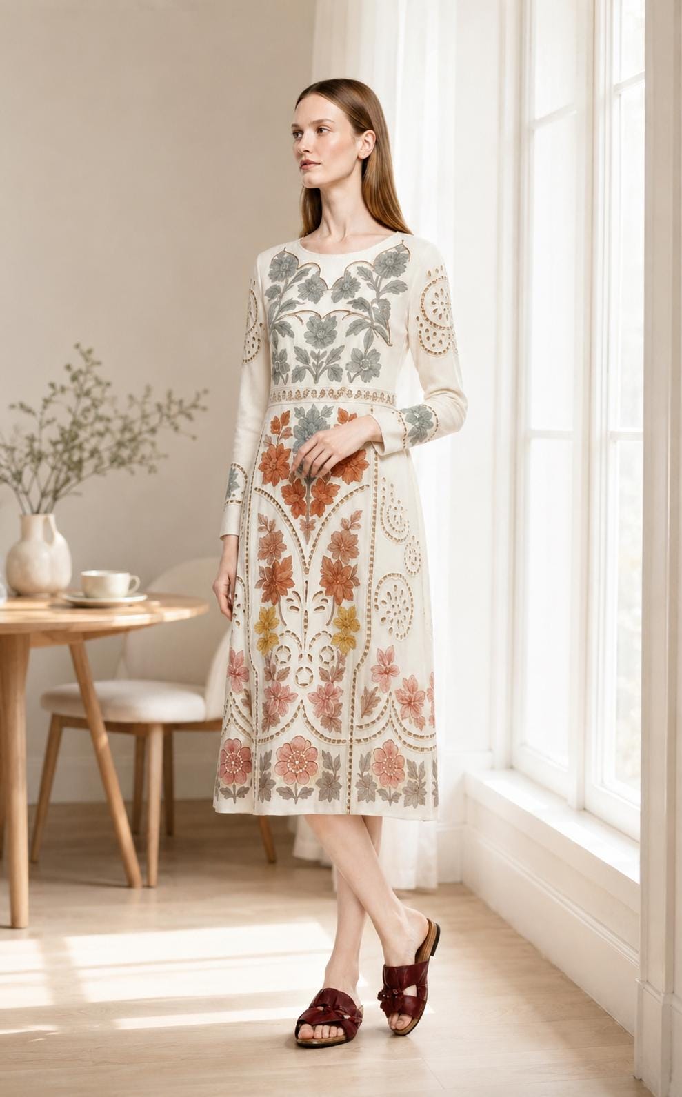 May include: A cream-colored midi dress featuring long sleeves and a round neckline. The garment is adorned with intricate floral embroidery in shades of sage green, burnt orange, mustard yellow, and dusty pink, complemented by delicate cut-out details.