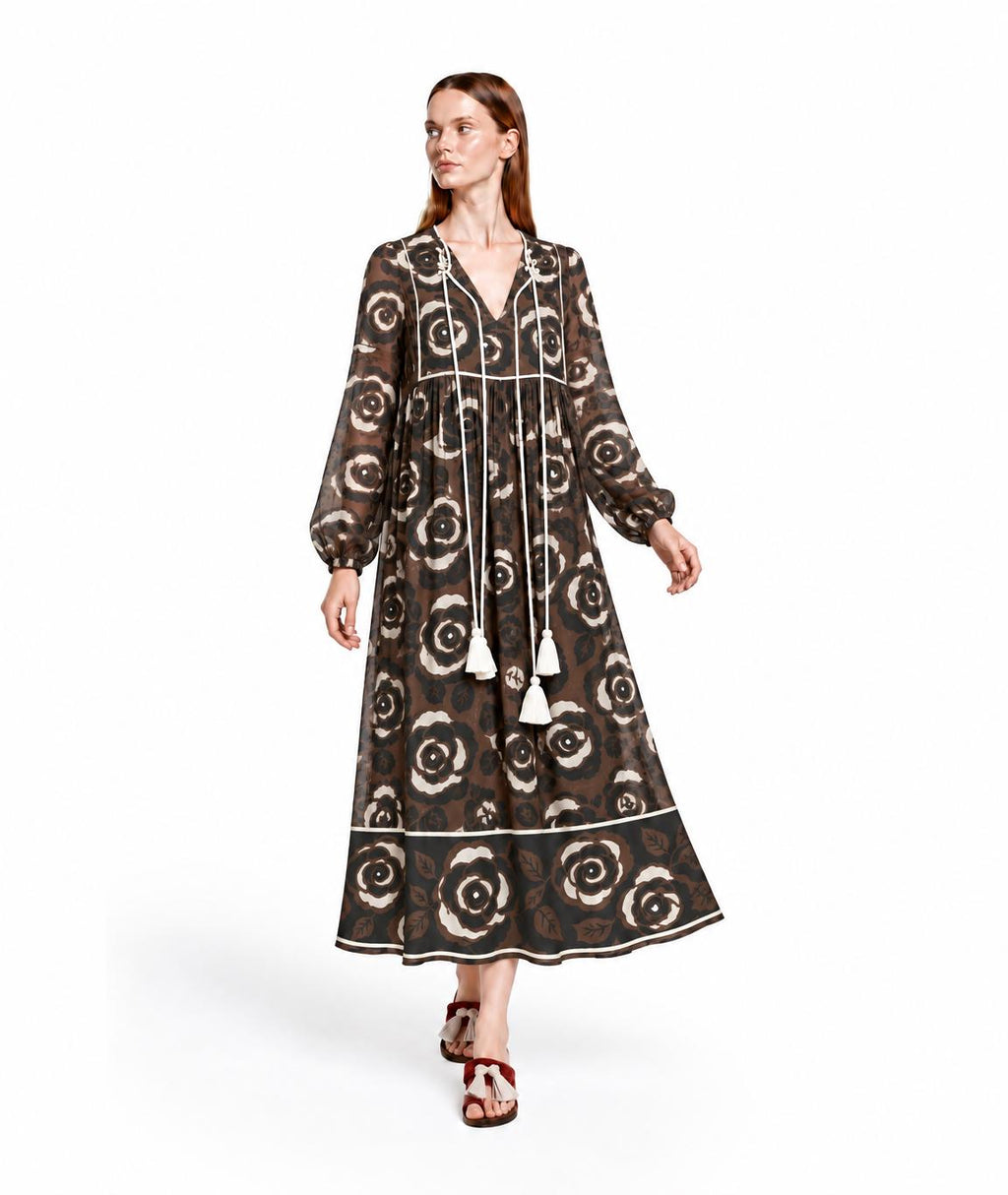 Brown Floral Maxi Dress with Long Sleeves, Tassel Ties and Contrast Piping