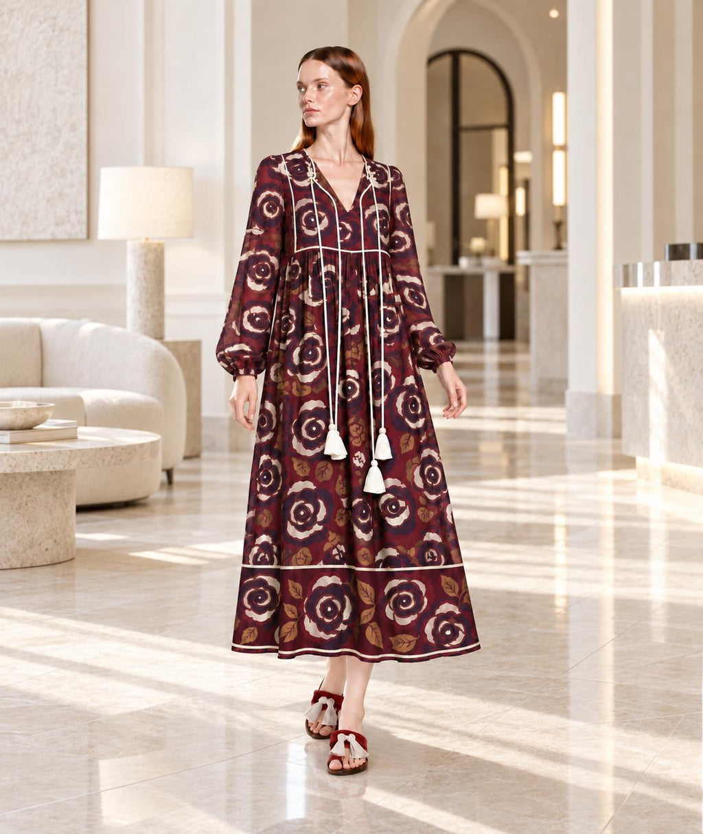 Brown Floral Maxi Dress with Long Sleeves, Tassel Ties and Contrast Piping