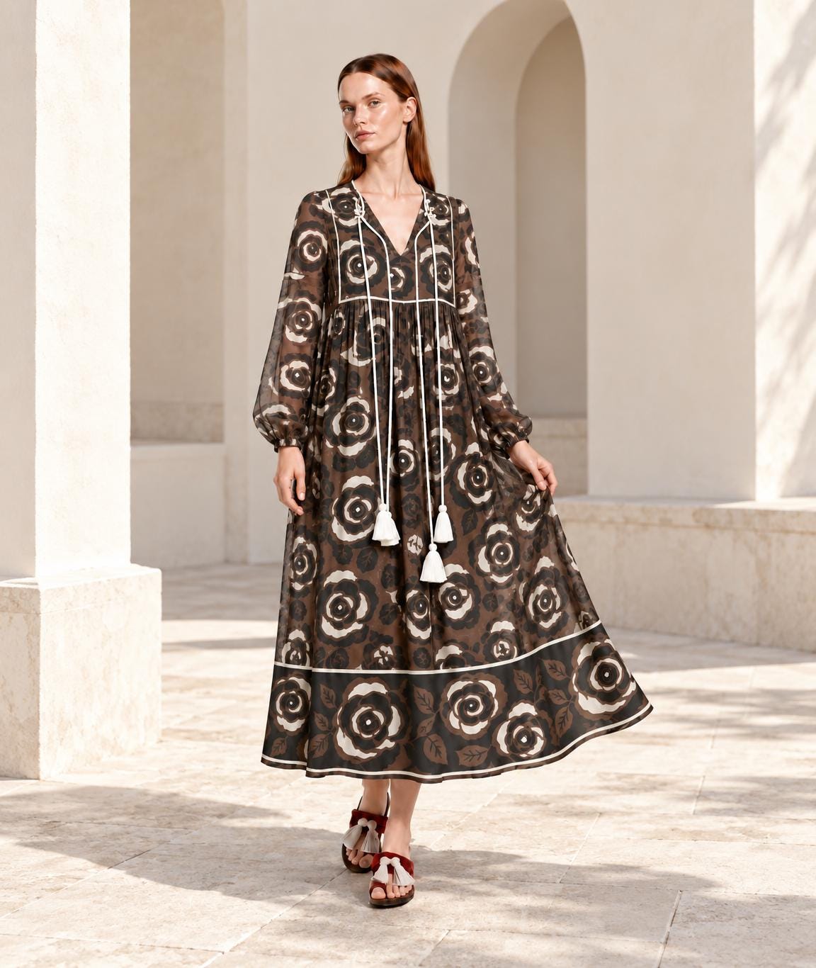 Brown Floral Maxi Dress with Long Sleeves, Tassel Ties and Contrast Piping