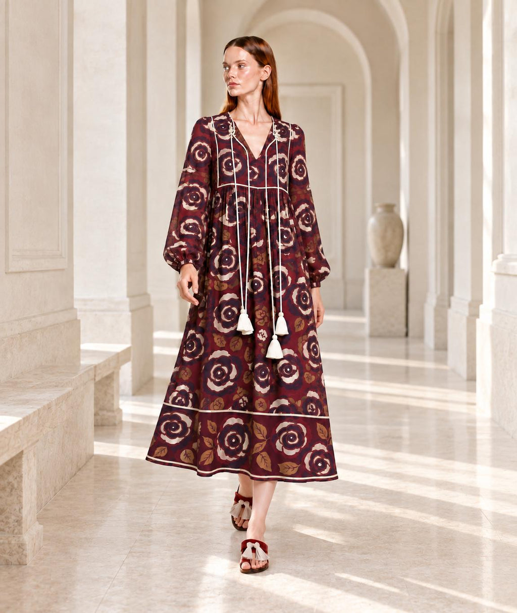 Brown Floral Maxi Dress with Long Sleeves, Tassel Ties and Contrast Piping