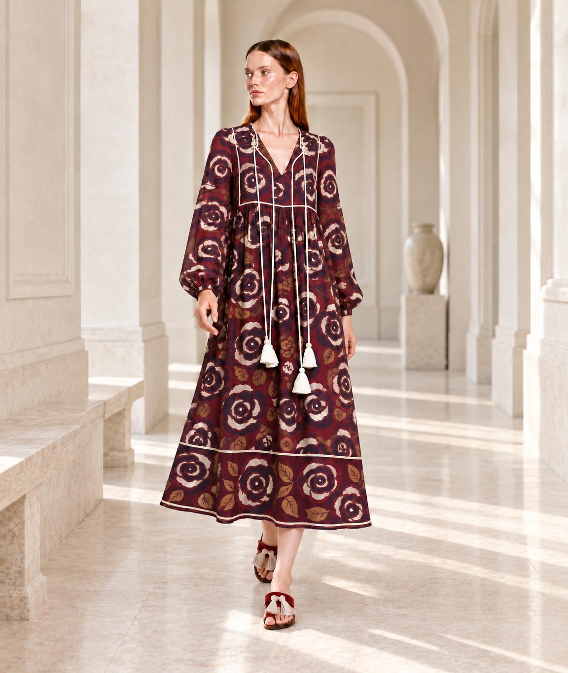 Brown Floral Maxi Dress with Long Sleeves, Tassel Ties and Contrast Piping