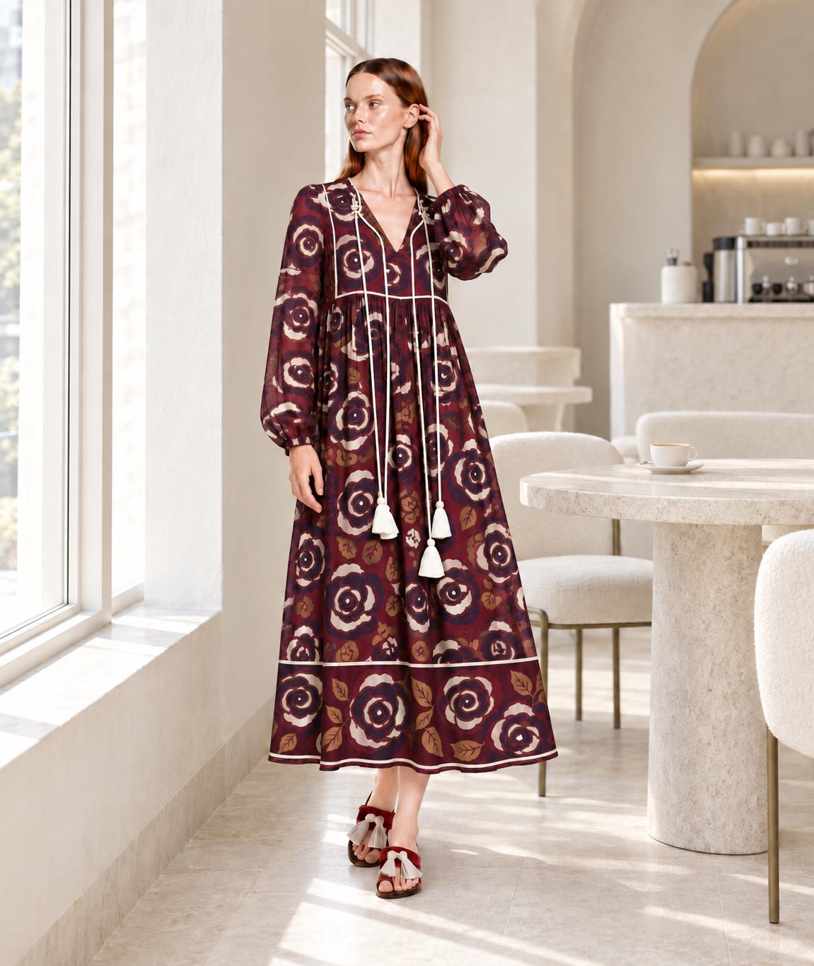 Brown Floral Maxi Dress with Long Sleeves, Tassel Ties and Contrast Piping