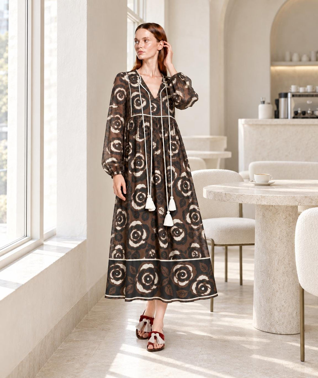 Brown Floral Maxi Dress with Long Sleeves, Tassel Ties and Contrast Piping