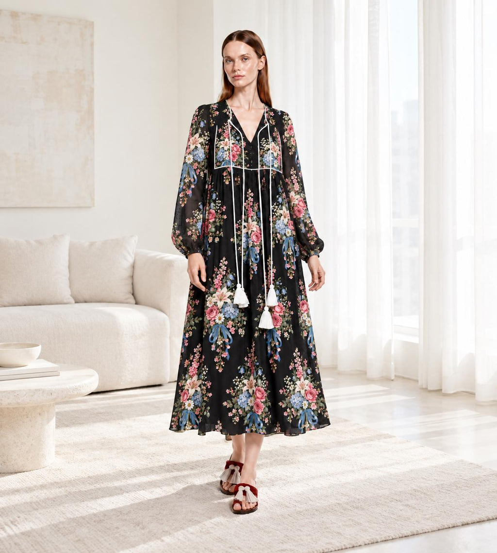Black Floral Maxi Dress with Long Sleeves, Tassel Ties and Contrast Piping
