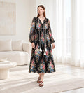 Black Floral Maxi Dress with Long Sleeves, Tassel Ties and Contrast Piping