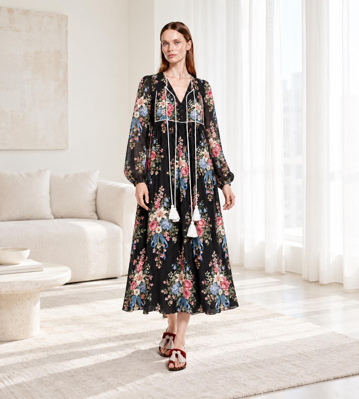 Black Floral Maxi Dress with Long Sleeves, Tassel Ties and Contrast Piping