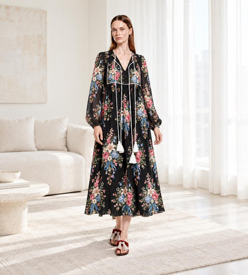 Black Floral Maxi Dress with Long Sleeves, Tassel Ties and Contrast Piping